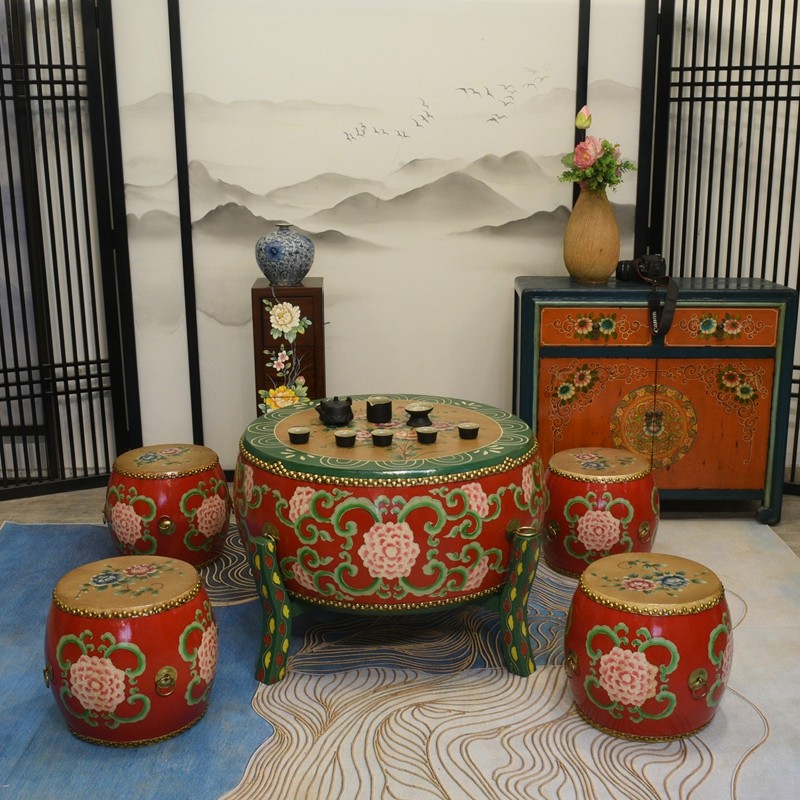 现代中式圆形小茶几实木牛皮彩绘做旧鼓桌小户型客厅组合圆台桌椅