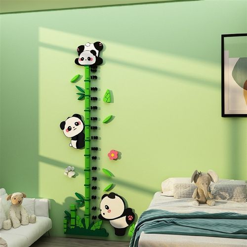 儿童房间区墙面布置装饰卧室身高测量熊猫主题3d立体贴纸画可移除