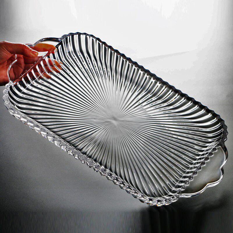 欧式水晶玻璃长方形托盘 水果盘创意刻花茶几 水杯盘瓜果盘干果盘