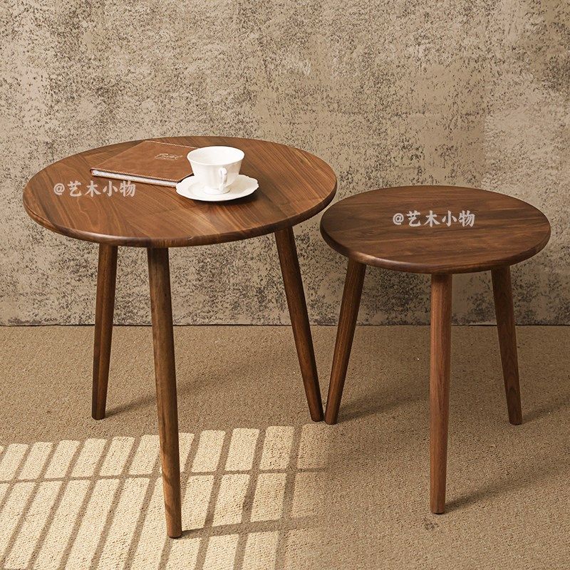 北美黑胡桃木茶几实木小圆桌客厅组合圆几沙发小边几现代简约茶桌
