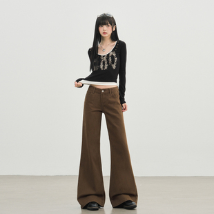 JWUW美拉德复古低腰显瘦微喇牛仔裤女棕咖色美式喇叭裤长裤