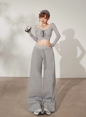 JWUW秋冬季美式高腰宽松加绒阔腿运动休闲裤女慵懒垂感拖地长裤