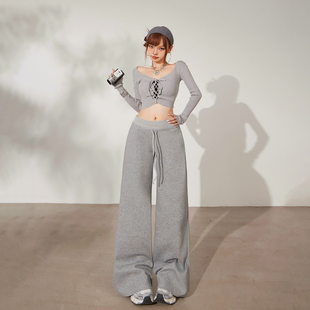 JWUW秋冬季美式高腰宽松加绒阔腿运动休闲裤女慵懒垂感拖地长裤