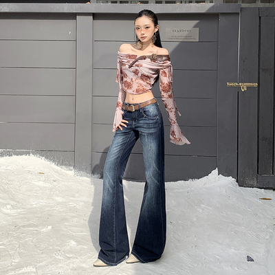 JWUW加绒美式复古渐变微喇猫纹磨毛休闲风微喇裤牛仔裤修身长裤