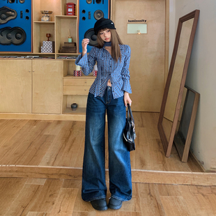 JWUW秋冬新款美式复古宽松阔腿裤百搭毛边垂感气质直筒牛仔裤女