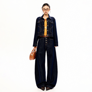 JWUW美式复古街头辣妹风牛仔休闲弯刀长裤修身长袖百搭外套套装