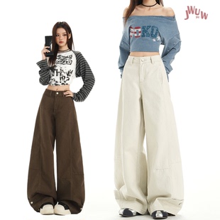 JWUW秋冬新款美式时髦无弹高腰牛仔裤女秋慵懒ins风宽松拖地裤子