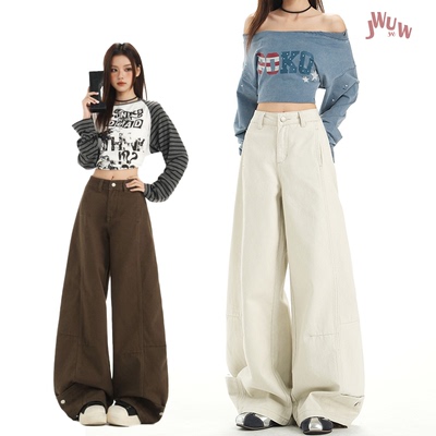 JWUW秋冬新款美式时髦无弹高腰牛仔裤女秋慵懒ins风宽松拖地裤子