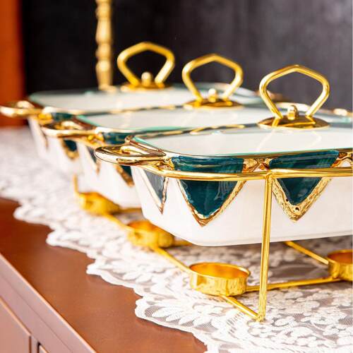 casserole三格长方形金色陶瓷砂锅加热烤盘干汤锅3pcs bake ware
