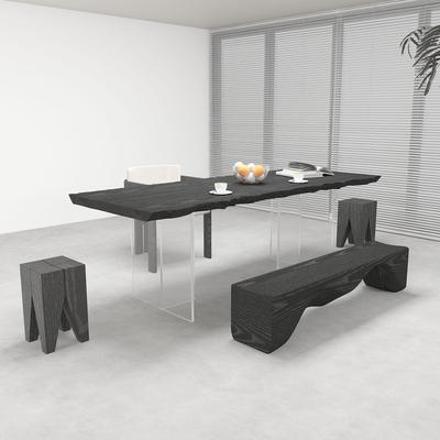 诧寂风碳化黑色实木餐桌原木大板工作台亚克力悬浮洽谈泡茶桌