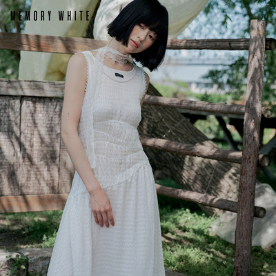 MEMORYWHITE 夏100桑蚕丝栀子白无袖连衣裙 显瘦设计感背心长裙女