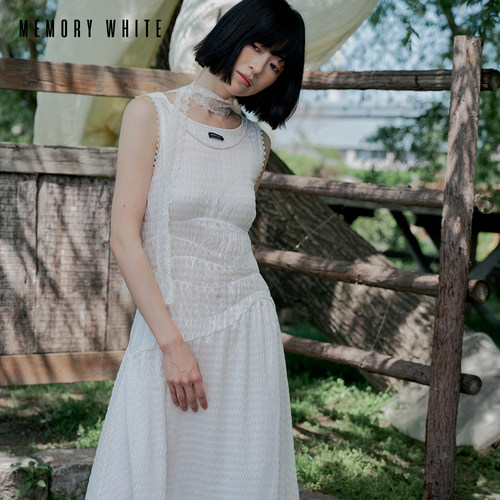 MEMORYWHITE 夏100桑蚕丝栀子白无袖连衣裙 显瘦设计感背心长裙女
