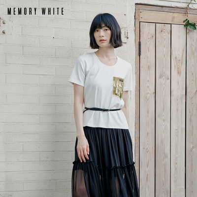 MEMORYWHITE简约高智_ 钉珠口袋亲肤干爽弹力显瘦U领T恤