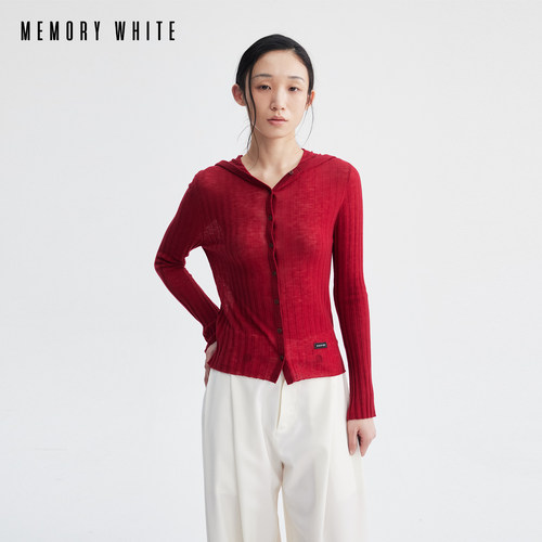 MEMORY WHITE高智感气质美学100%绵羊毛水溶纱长袖针织连帽打底衫