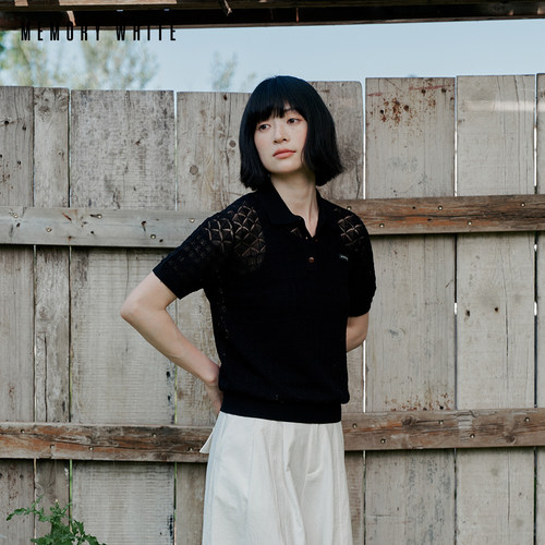 MEMORY WHITE 亚麻棉钩针蕾丝polo领针织上衣