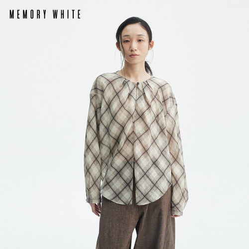 MEMORY WHITE 轻薄复古感100支苎麻格纹透气文艺长袖防晒衬衫上衣