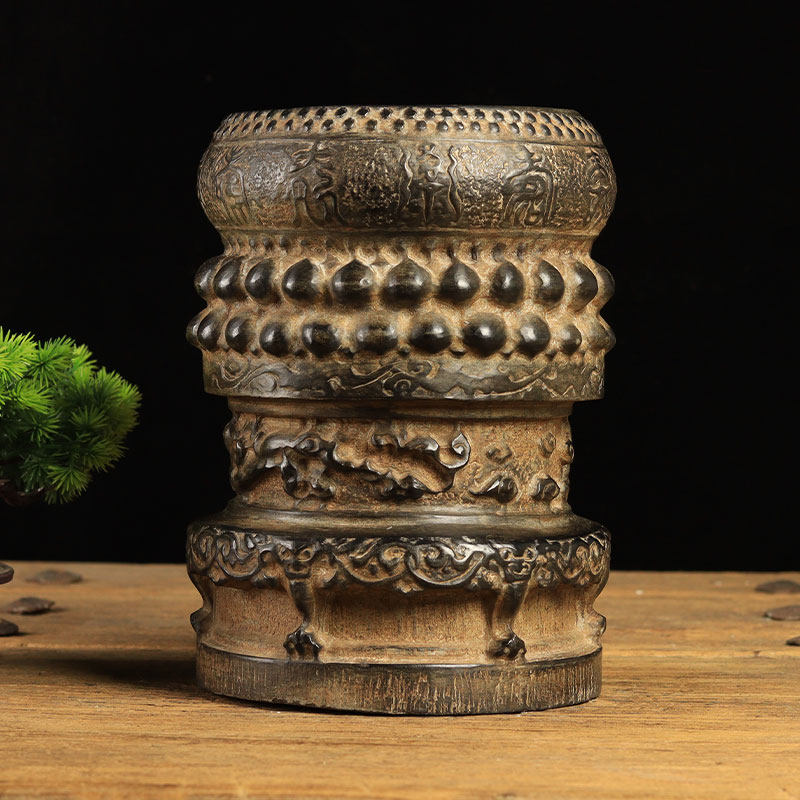 中式复古青石会所客厅摆件仿古门墩石鼓墩石底座石柱石墩柱顶石头