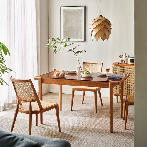 北欧餐桌家用藤编小户型实木家具白蜡木桌子简约原木餐桌椅组合