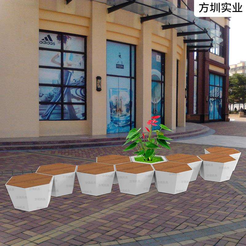 商场椅玻璃钢休闲椅仿木纹美陈座椅多边形凳子户外组合时尚花盆椅