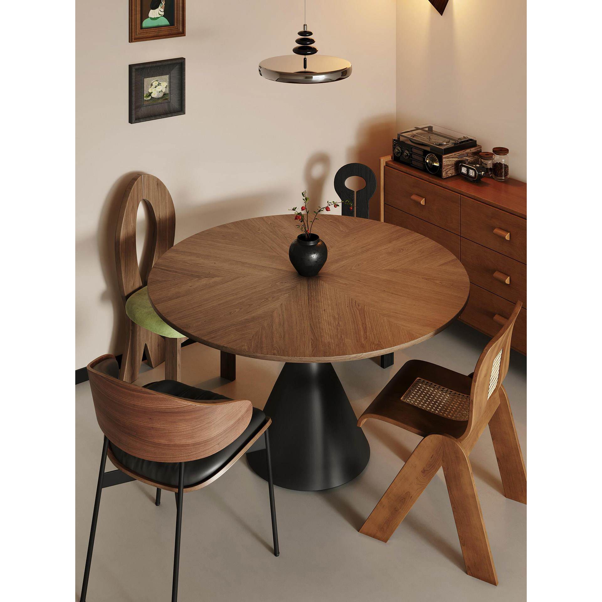 法式覆古实木餐桌和椅子组合家居设计师小公寓圆形中世纪风格圆形