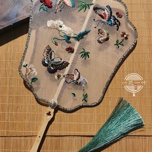 百蝶图单面刺绣团扇古风舞蹈扇汉服扇子仿古宫廷道具复古国风圆扇