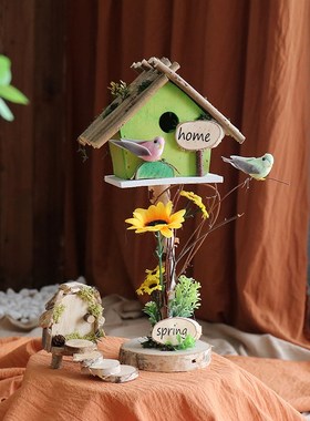 森系鸟房子桦木装饰摆件幼儿园微景观花园造景拍摄道具创意纯手工