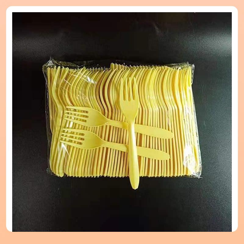 ▹一次性叉子单独包装塑料叉意面水果叉子蛋糕叉子透明df2黄色叉