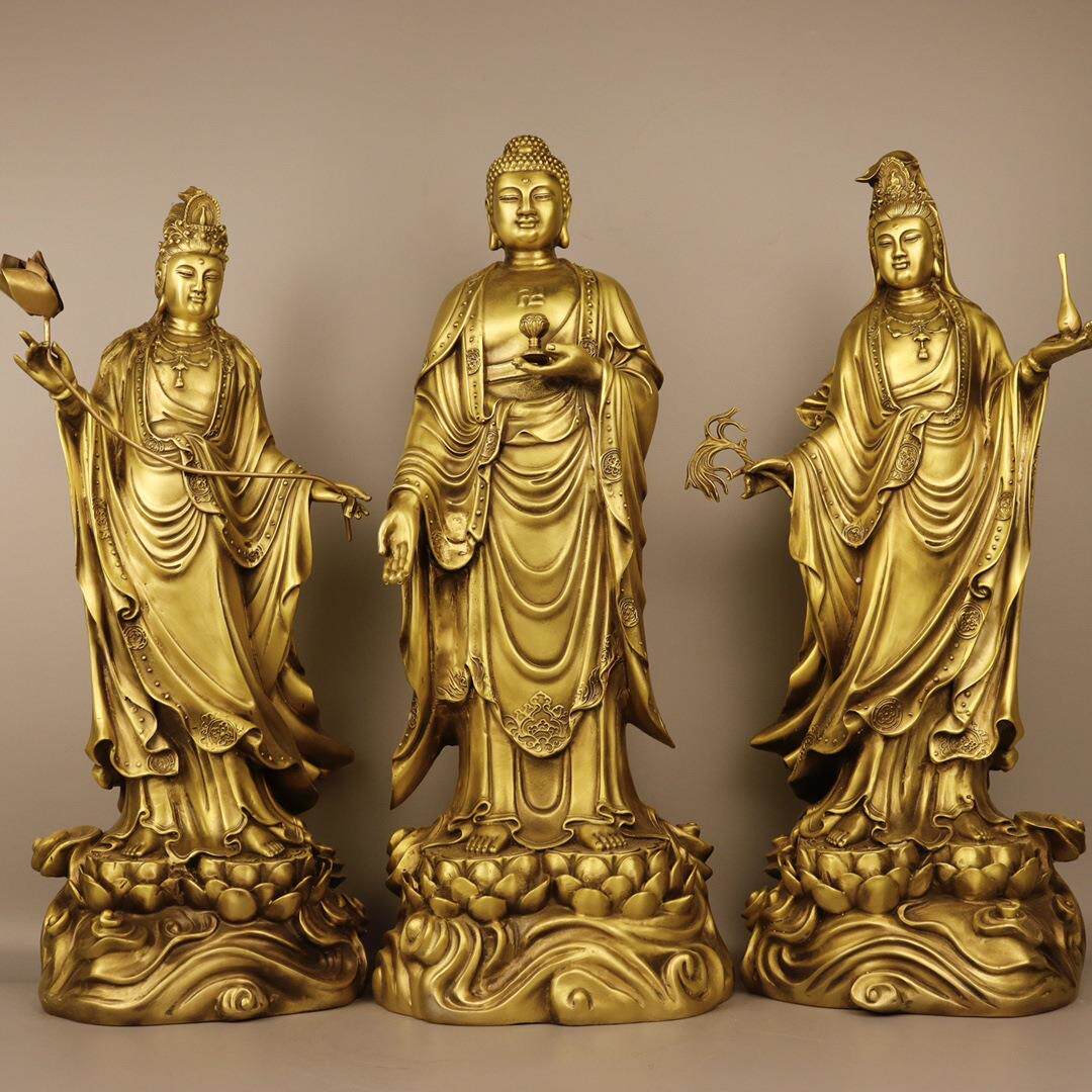 古玩铜器收藏 黄铜站莲踏浪西方三圣摆件 家居装饰创意礼品工艺品