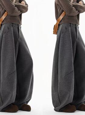 美式复古解构毛呢阔腿裤子男冬季深灰色宽松垂感拖地休闲弯刀长裤