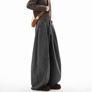 复古慵懒松弛感宽松深灰休闲弯刀裤 解构毛呢美式 子 男款 垂感阔腿裤