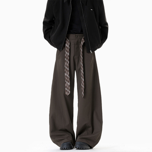 轩罕柳叶弯刀西裤男款垂坠阔腿美式格子腰带复古黑色加厚加绒裤子