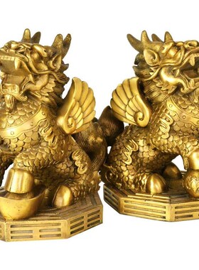 铜麒麟摆件一对黄铜踩八卦火麒麟纯家居客厅办公室装饰工艺品摆设