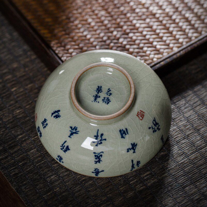 名悟柴窑青花陶瓷功夫茶杯手绘生肖猪事顺利主人杯老泥普洱杯茶碗