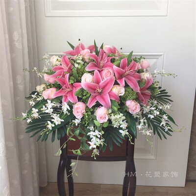 仿真会议桌花演讲台花百合玫瑰洋兰假花商务讲台塑料下垂花主席台