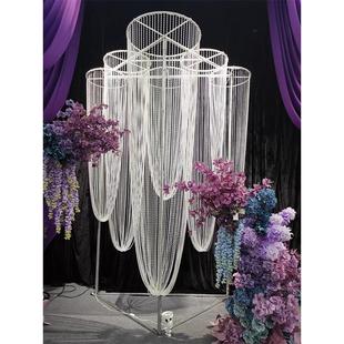 新款 亚克力珠帘婚礼堂摆件 婚庆舞台背景铁艺道具兰舟三角架珍珠款