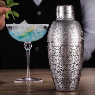 台式优质304不锈钢摇酒壶 蚀刻刻花调酒器雪克壶 三段式摇壶500ml