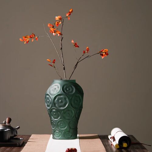 OUMI 中古浮雕玻璃花瓶客厅插花高级感艺术摆件 法式餐桌玄关鲜花