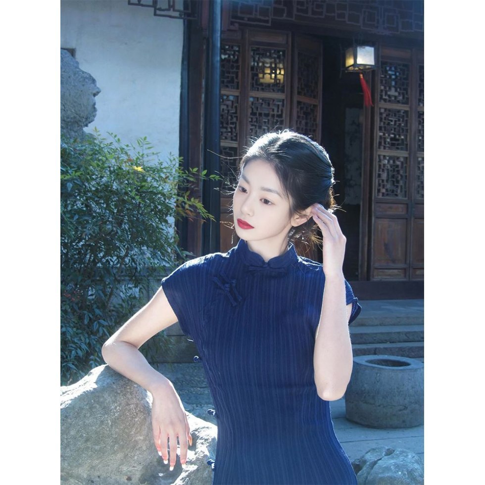 新中式绝美藏青色改良旗袍女夏2025复古民国少女感江南风连衣裙潮