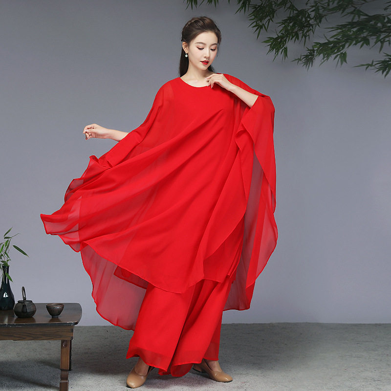 白色禅舞服古琴古筝演出服中国风仙气飘逸雪纺大码连衣裙禅意茶服