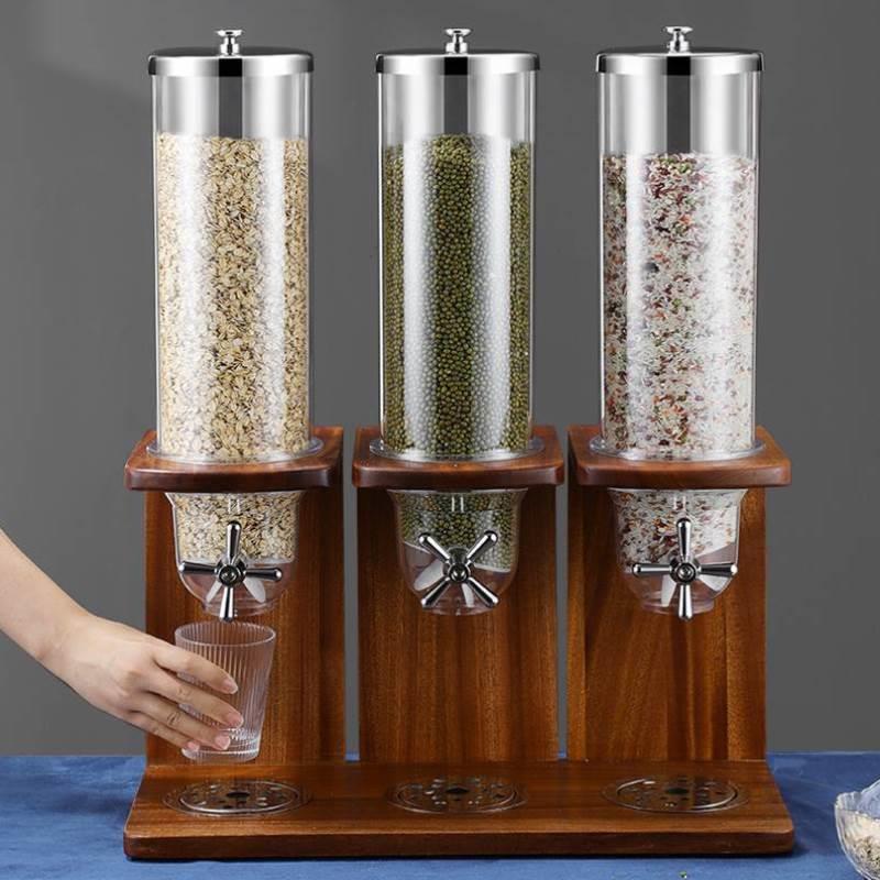 自助餐麦片机双头燕麦分配器五谷杂粮储物罐实木座防霉粮食密封罐