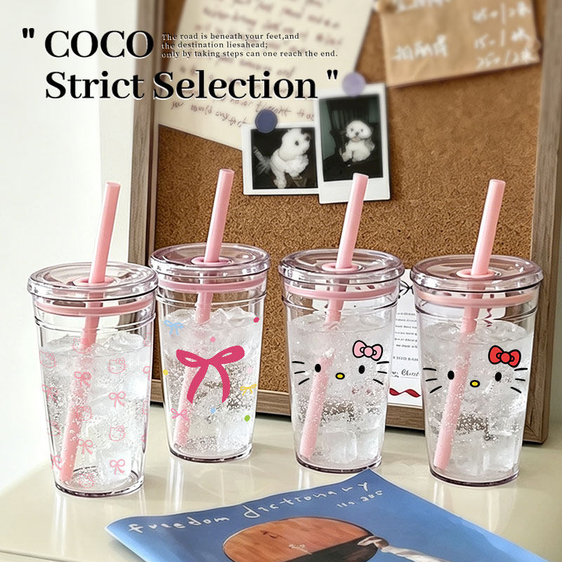 COCO可爱卡通吸管杯大容量带盖水杯学生少女心杯子450ml透明水杯