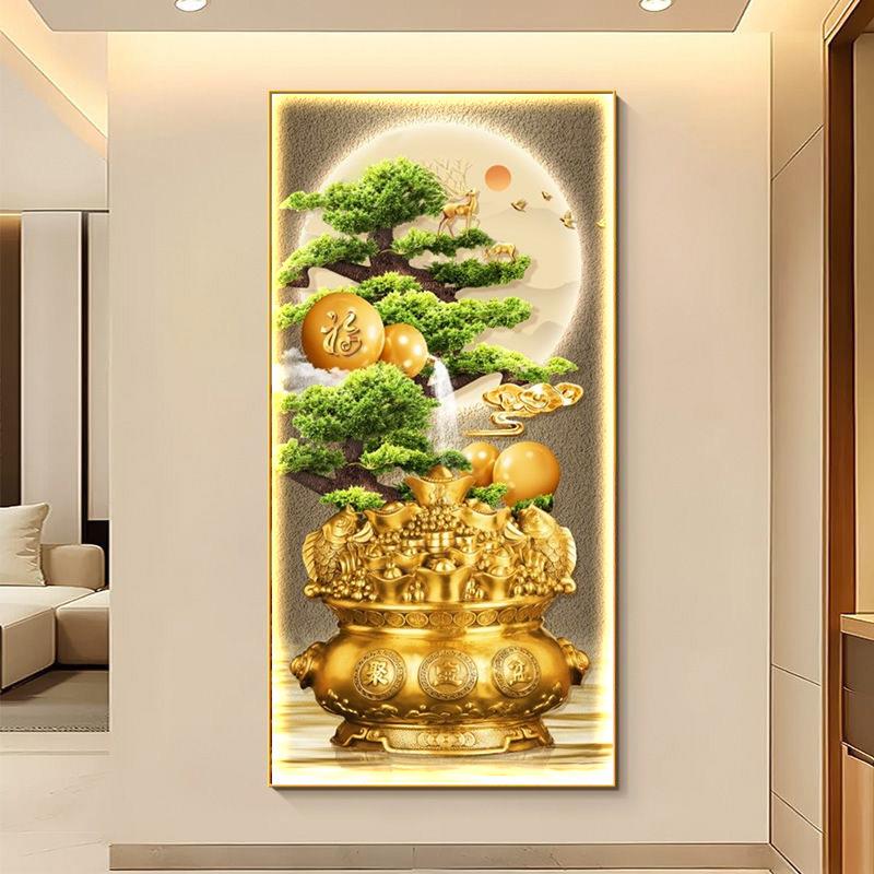 聚宝盆轻奢led灯入户玄关装饰画走廊过道挂画现代迎客松风景壁画