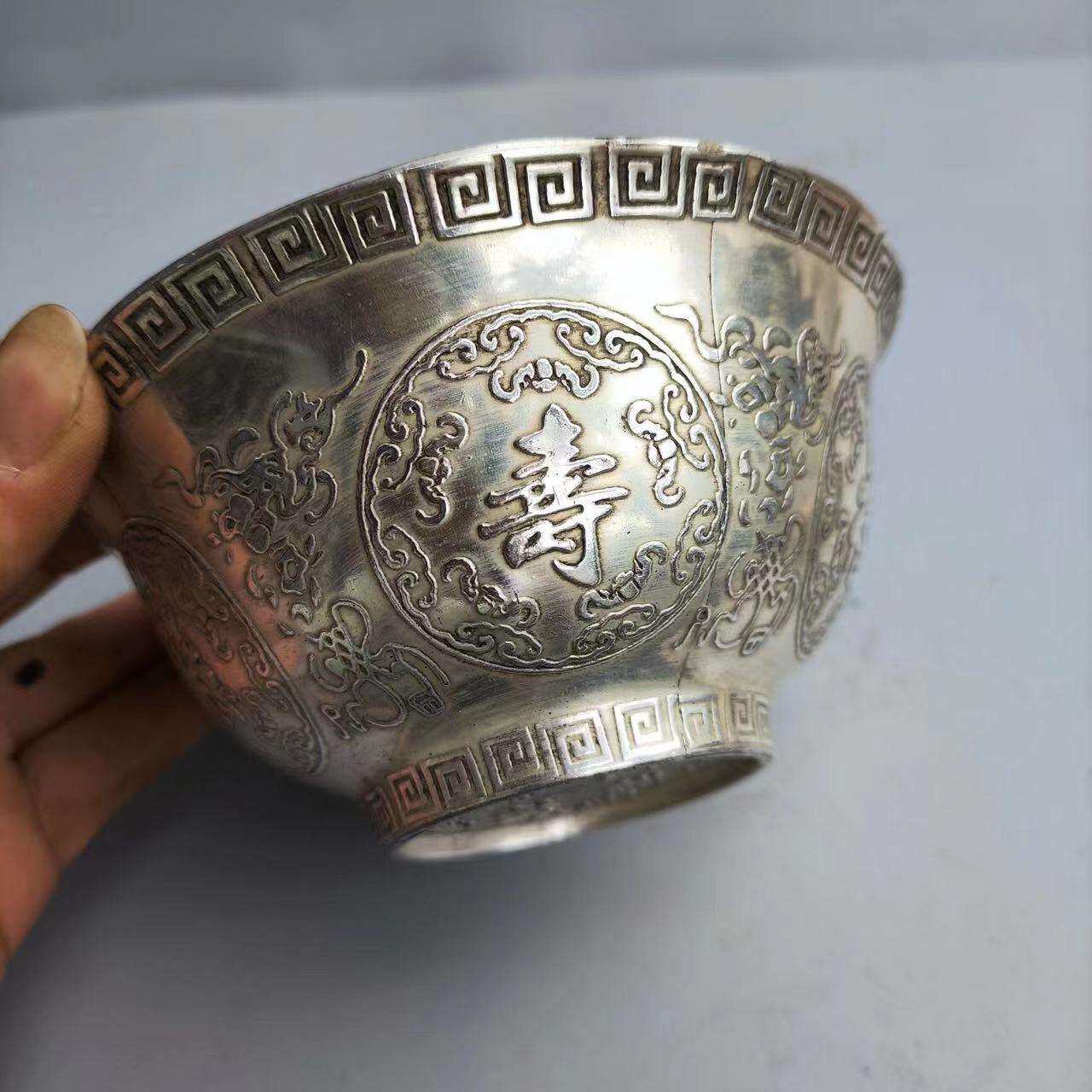 古玩杂项仿古做旧合金鎏银福禄寿喜财碗工艺品家居摆件