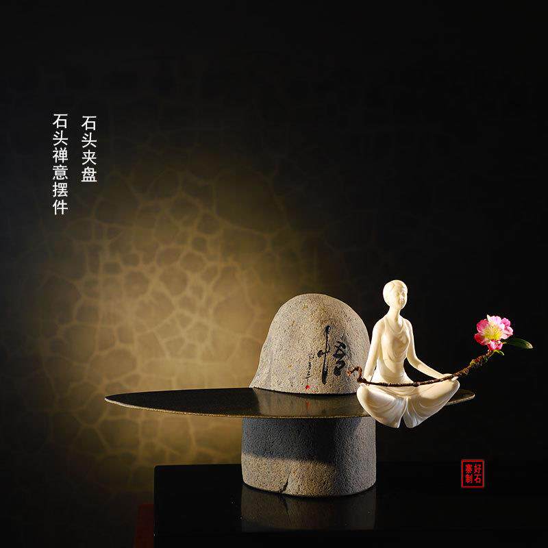 石头夹盘摆件家居商务置物软装饰品羊脂玉白瓷博古架禅意人物摆件