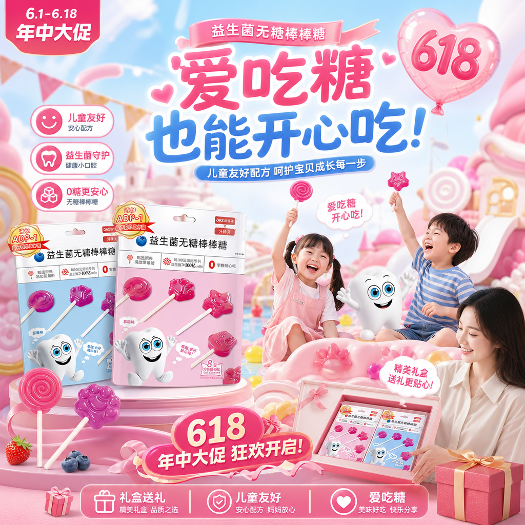 618 囤货价 儿童益生菌无糖棒棒糖呵护口腔宝宝休闲零食伴手礼盒