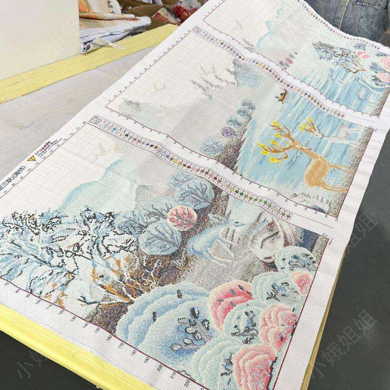 三联鹿麋鹿十字绣成品不带框纯手工出售已绣好2025新款客厅山水画
