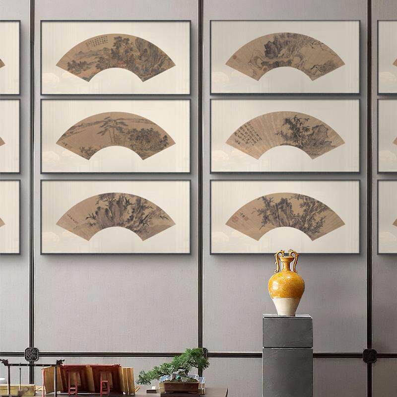 新中式扇面装饰画书房玄关过道禅意多联挂画酒店别墅茶室大气壁画