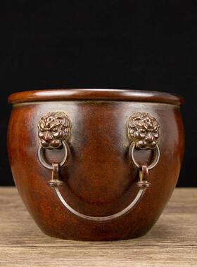 紫铜色双狮聚宝盆家用办公室摆件 狮头黄铜缸黄铜香炉大明宣德炉