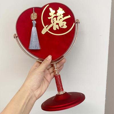 结婚红色镜子婚庆台式喜镜圆形立柱喜字镜子新娘用品大全新中式