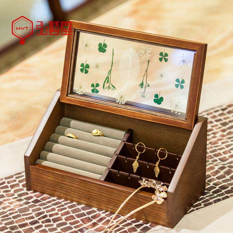 弘艺堂摆件木质简约工艺品印花中式首饰盒多层干花原木珠宝首饰盒